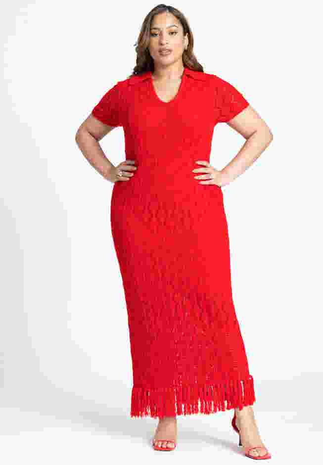 Crochet Maxi Dress With Collar & Fringe image number 0