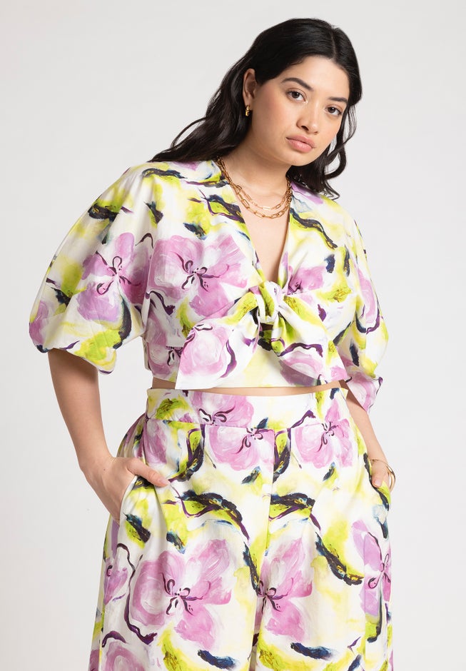 Puff Sleeve Tie Front Crop Top image number null