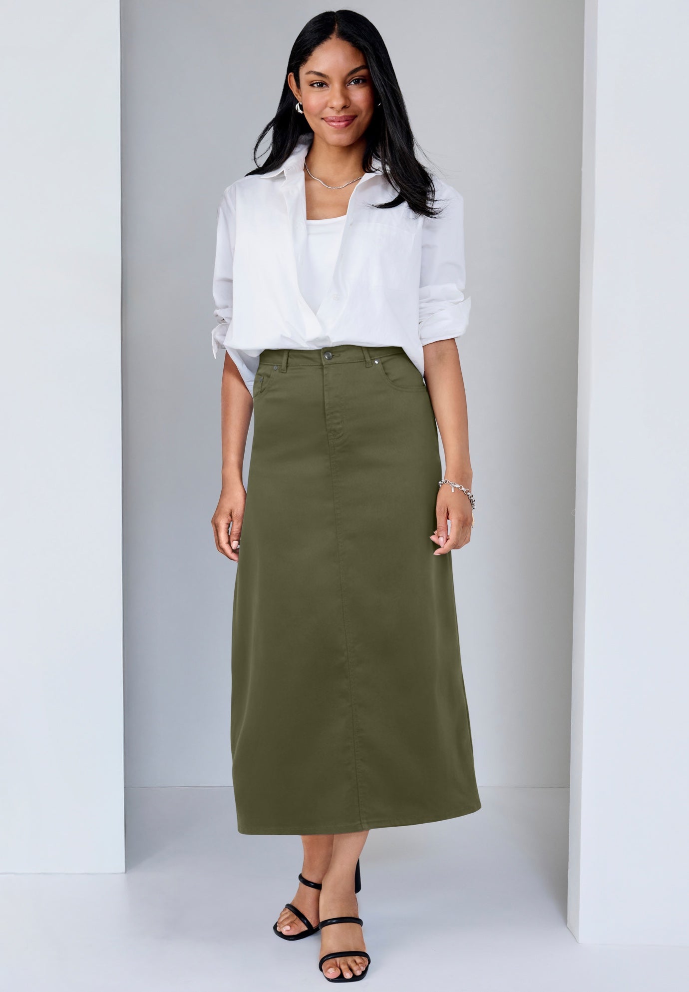 True Fit Stretch Denim Midi Skirt image number 1