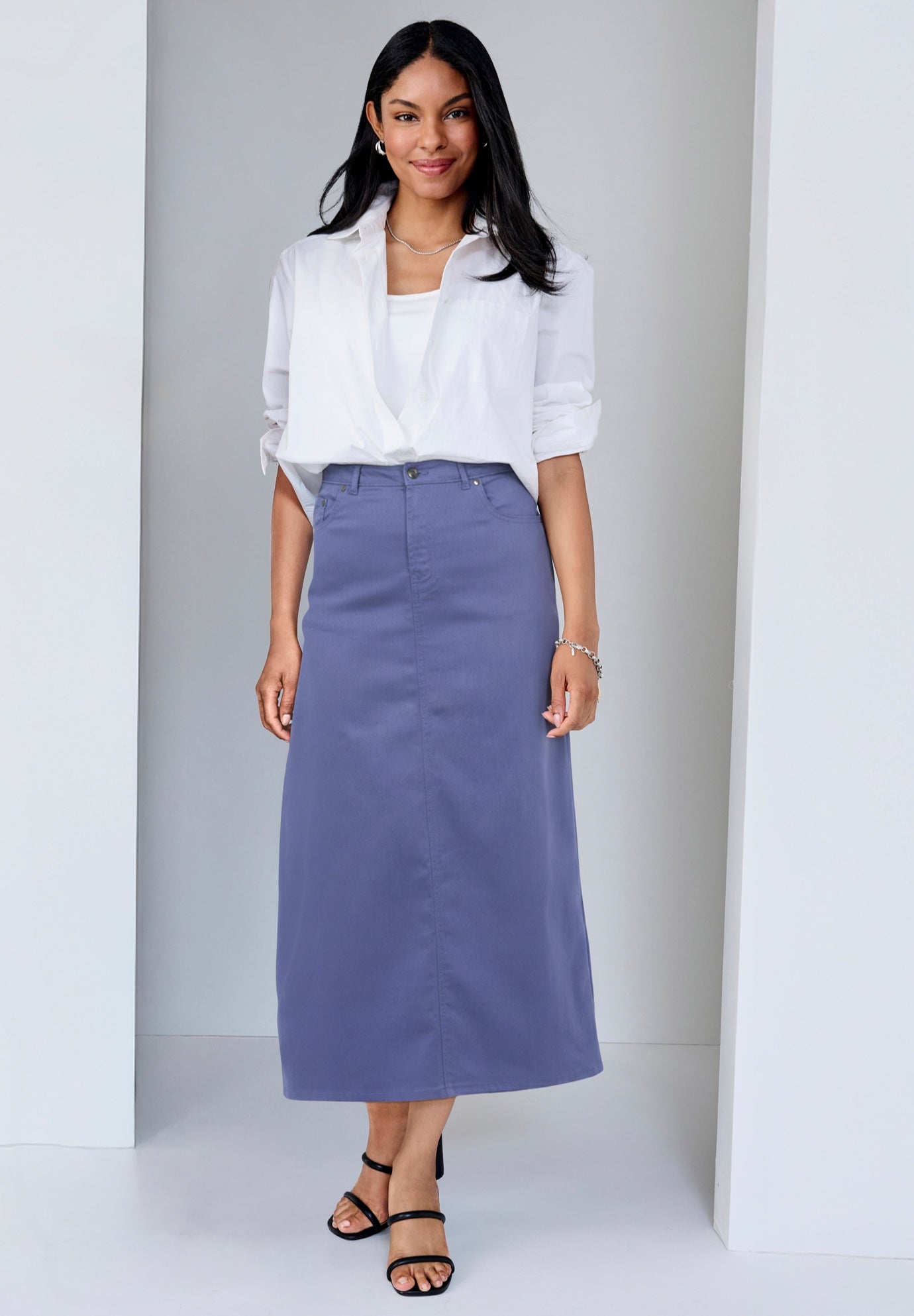 True Fit Stretch Denim Midi Skirt image number 1