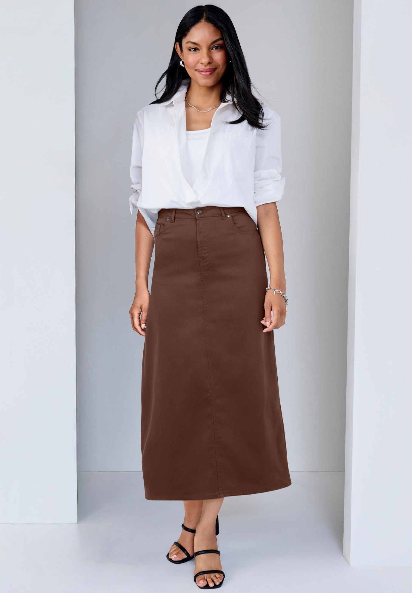 True Fit Stretch Denim Midi Skirt image number 1