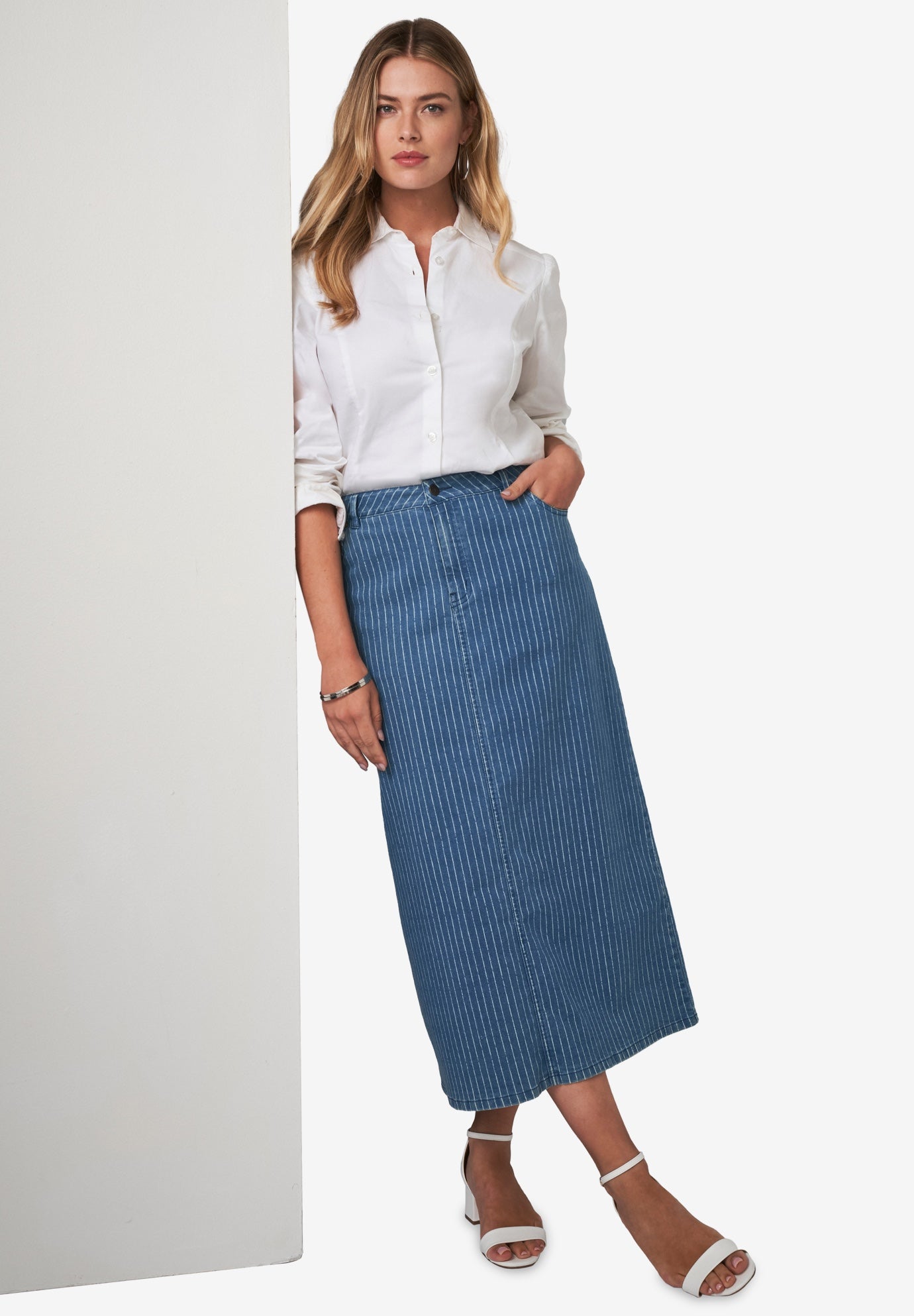 True Fit Stretch Denim Midi Skirt image number 1