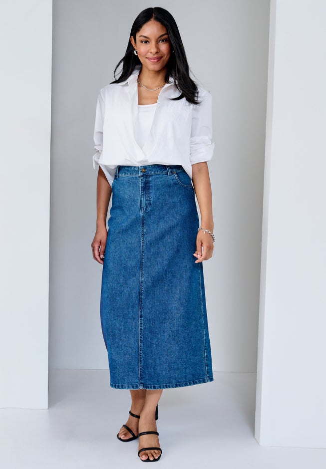 True Fit Stretch Denim Midi Skirt image number 1