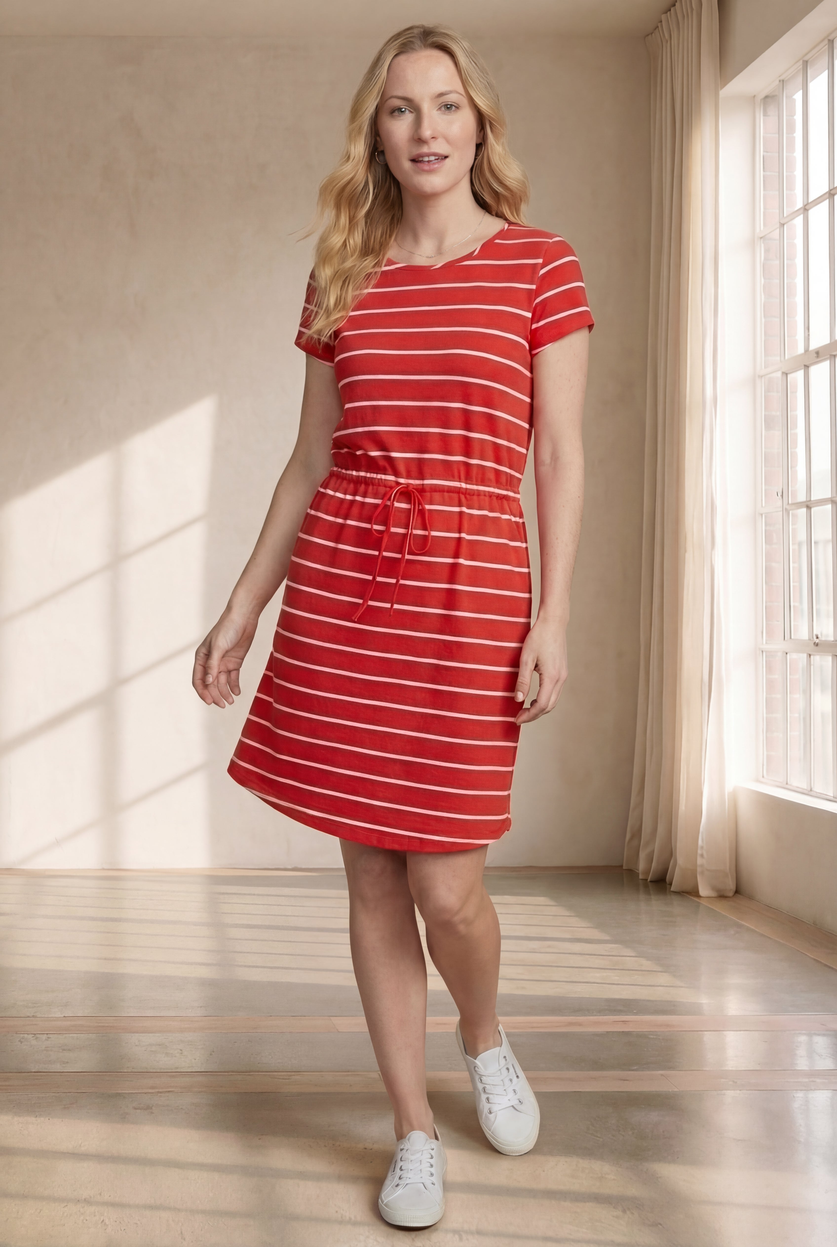 Cotton Jersey Knit Cinched-Waist Drawstring Midi Dress image number 0