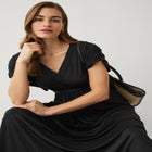 Stretch Knit Fit And Flare Elbow-Length Sleeve Tie-Back Maxi Dress image number null
