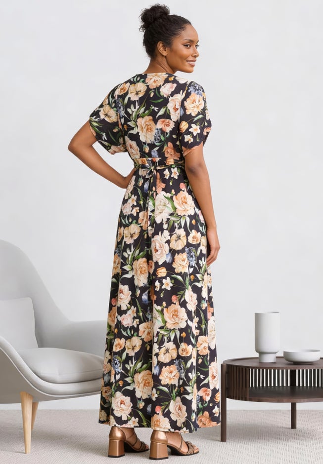 Stretch Knit Fit And Flare Elbow-Length Sleeve Tie-Back Maxi Dress image number 1