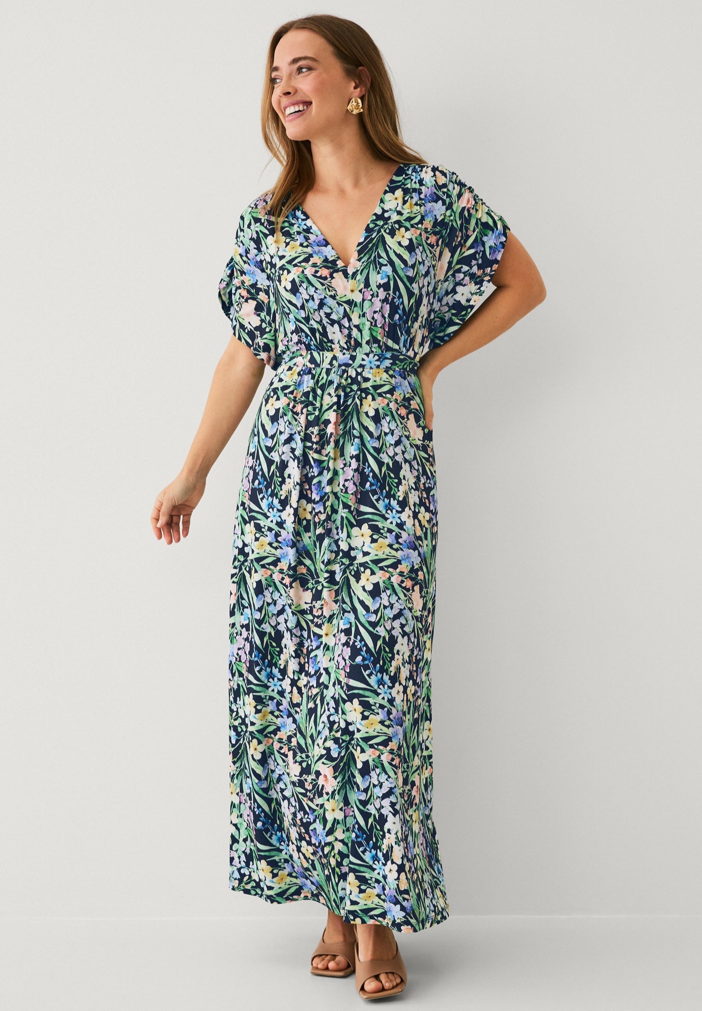 Stretch Knit Fit And Flare Elbow-Length Sleeve Tie-Back Maxi Dress image number 3