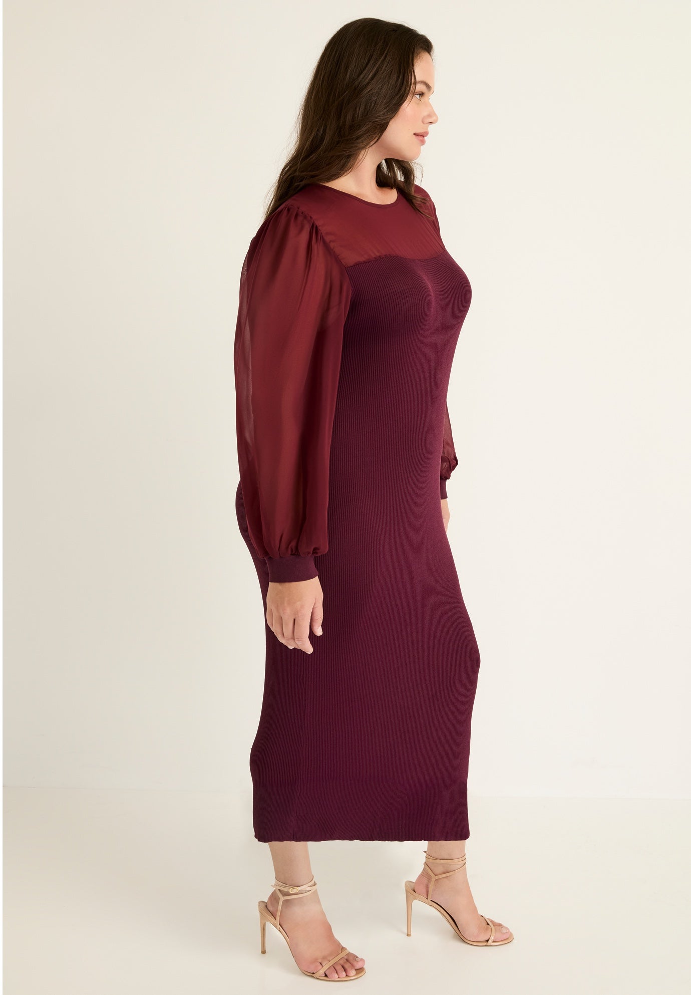 Chiffon-Paneled Midi Sweater Dress image number 1