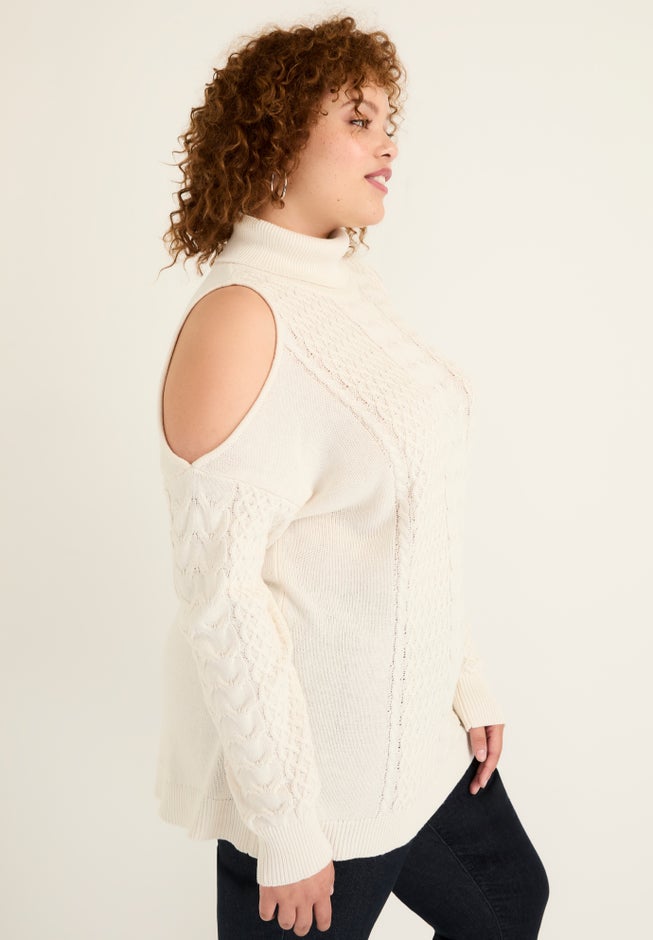 Cold-Shoulder Cable-Knit Turtleneck image number null