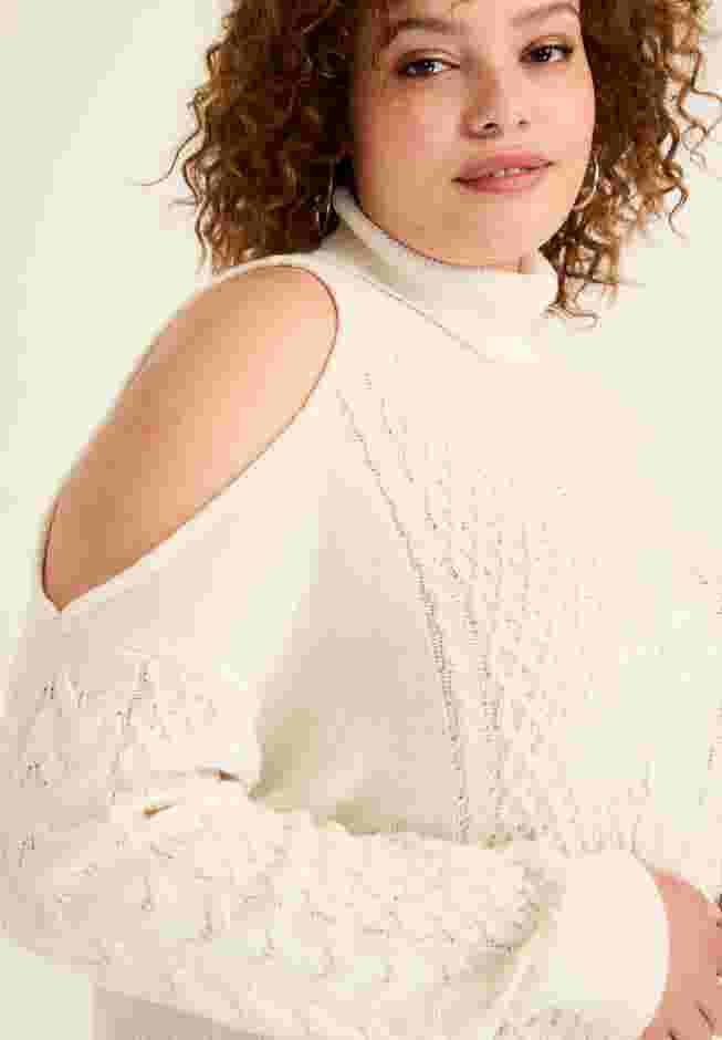 Cold-Shoulder Cable-Knit Turtleneck image number 3