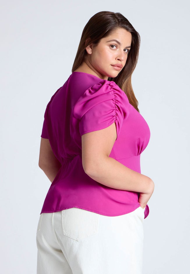 Shirred Sleeve Top With Buttons image number 1