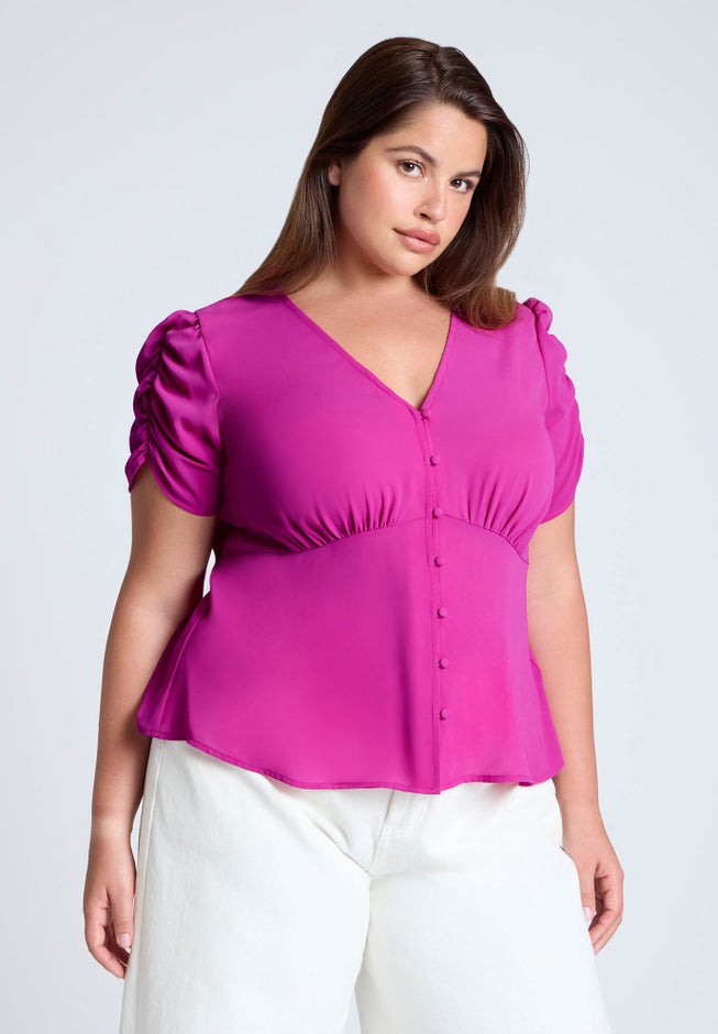Shirred Sleeve Top With Buttons image number 0
