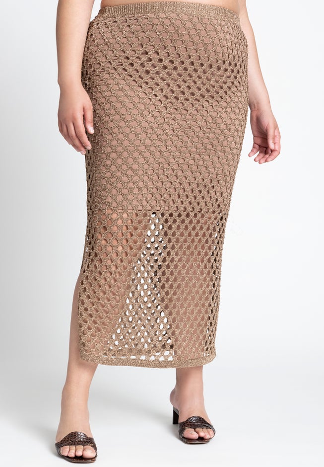 Metallic Open Knit Midi Skirt image number null