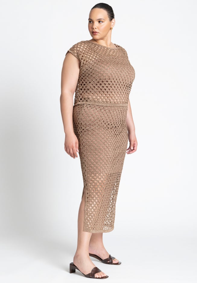 Metallic Open Knit Midi Skirt image number null