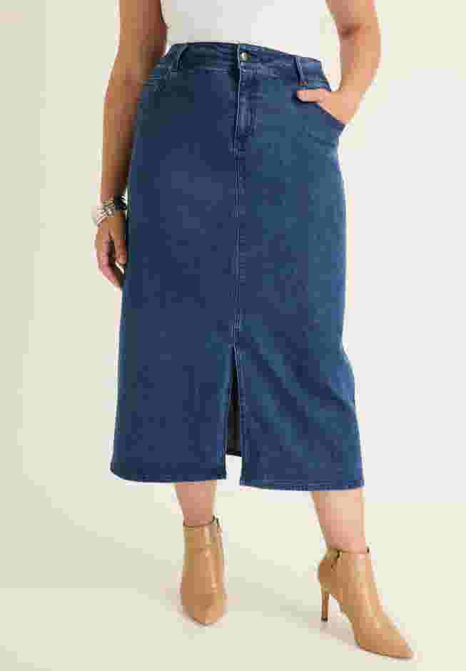 Front-Slit Denim Midi Skirt image number 0