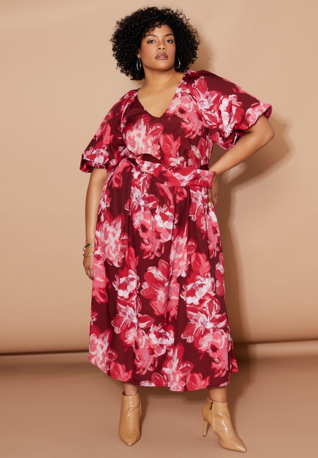 Raglan Puff-Sleeve Midi Dress image number null