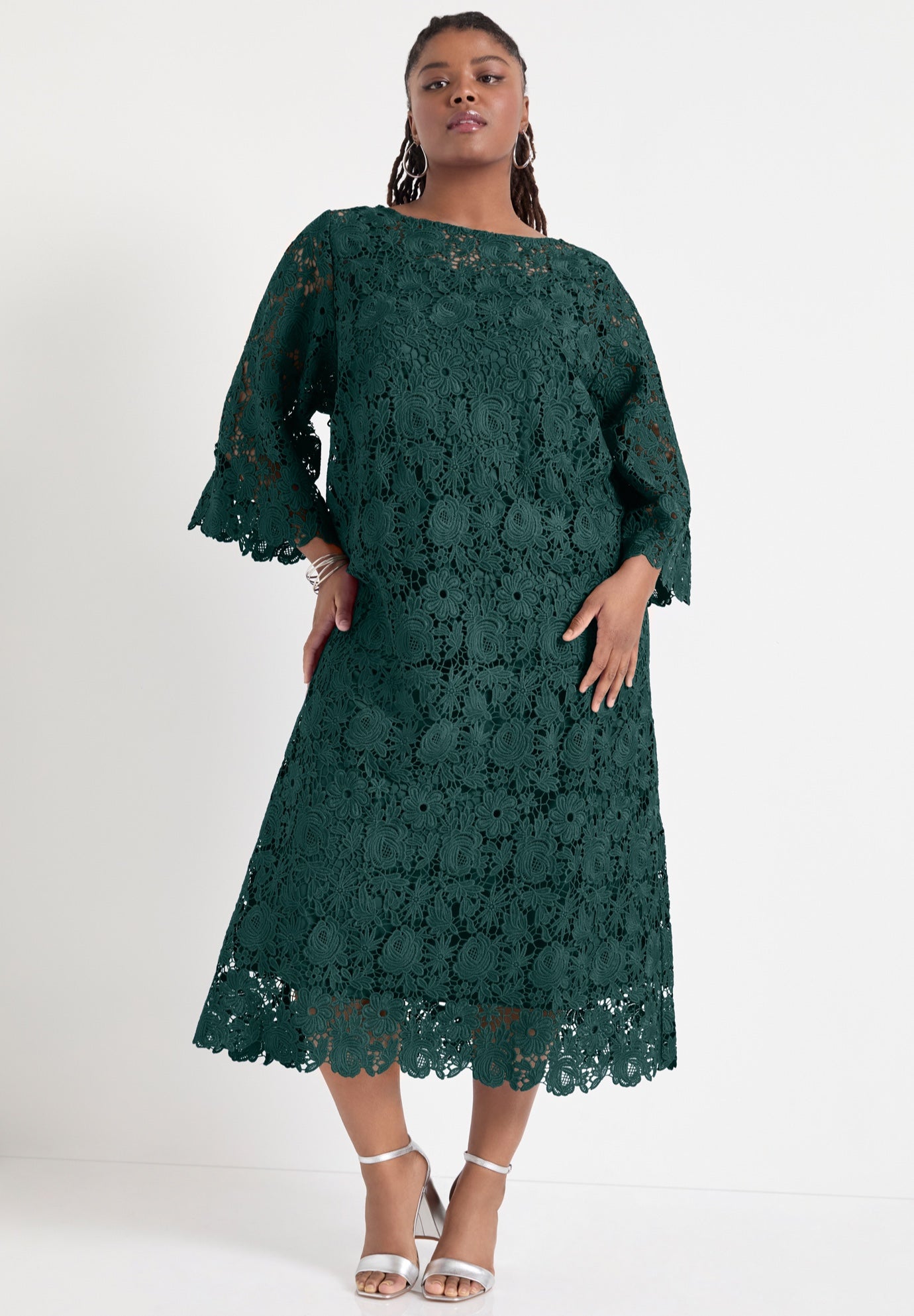 Bell-Sleeve Lace Midi Dress image number 3