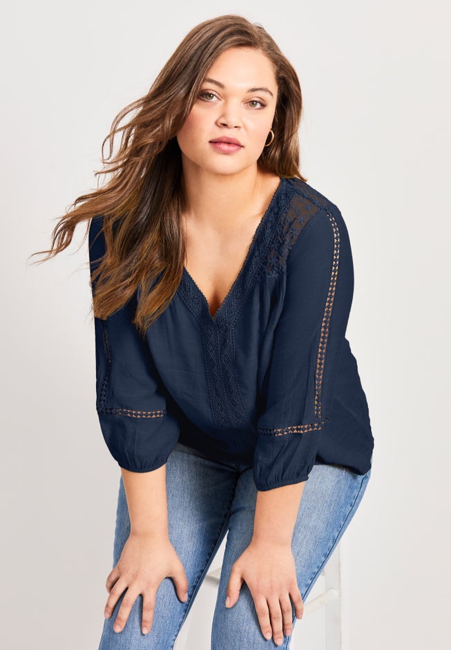 Embroidered Lace Detail Peasant Blouse image number 5