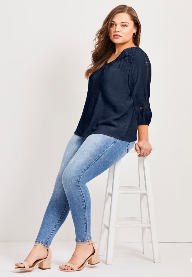 Embroidered Lace Detail Peasant Blouse image number 6