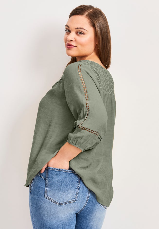 Embroidered Lace Detail Peasant Blouse image number 1