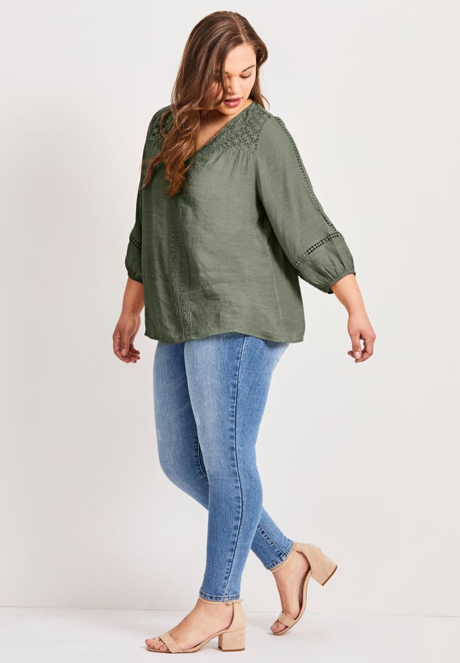 Embroidered Lace Detail Peasant Blouse image number 2