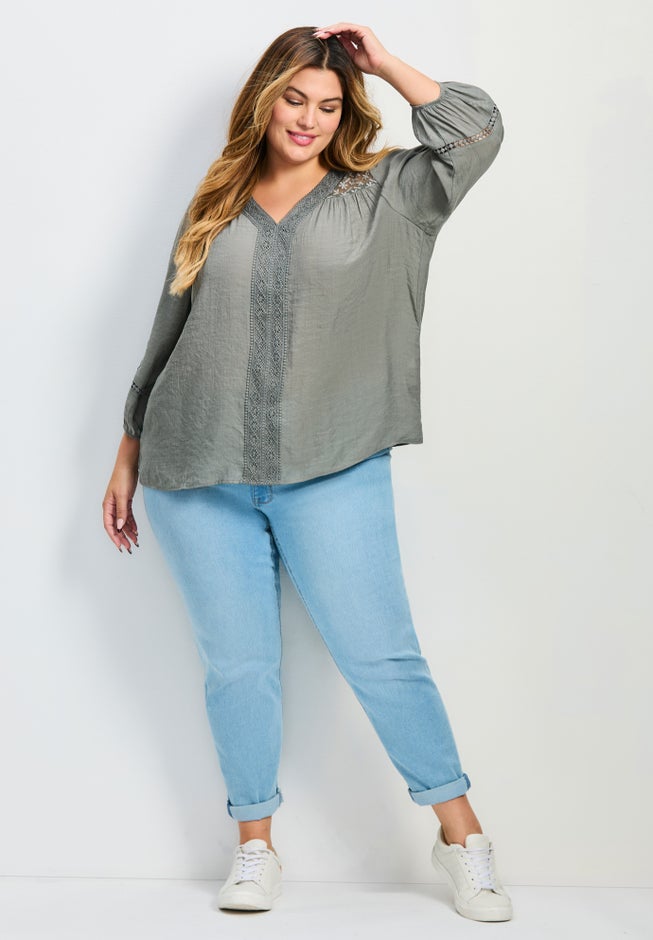 Embroidered Lace Detail Peasant Blouse image number 4