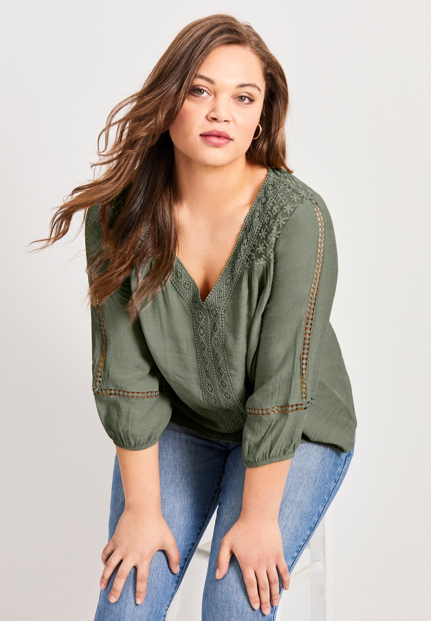 Embroidered Lace Detail Peasant Blouse image number 5