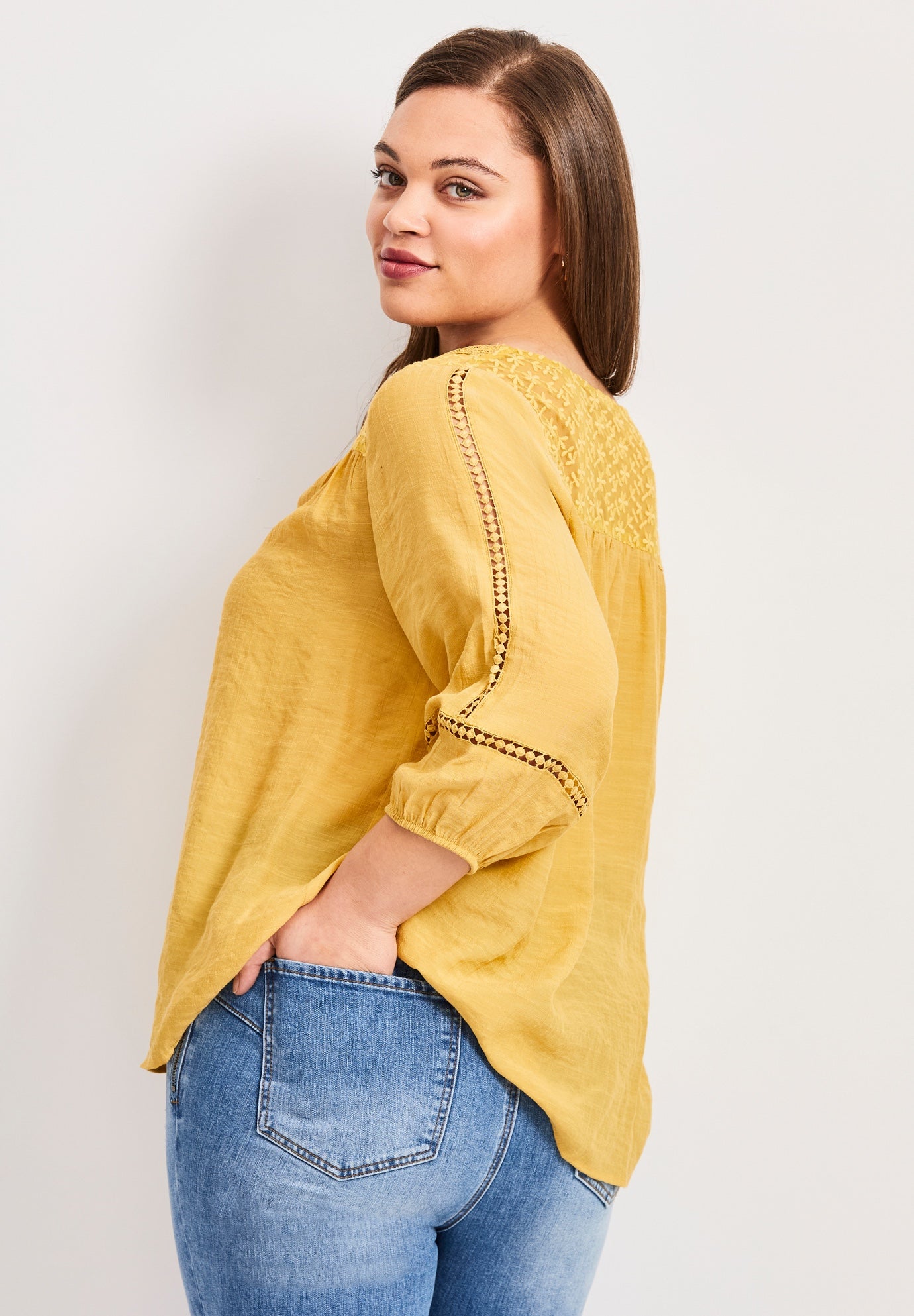 Embroidered Lace Detail Peasant Blouse image number 1