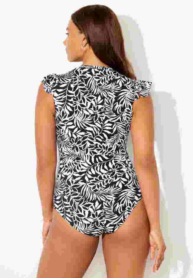 High Neck Zipper Cap Sleeve One Piece Swimsuit image number 1