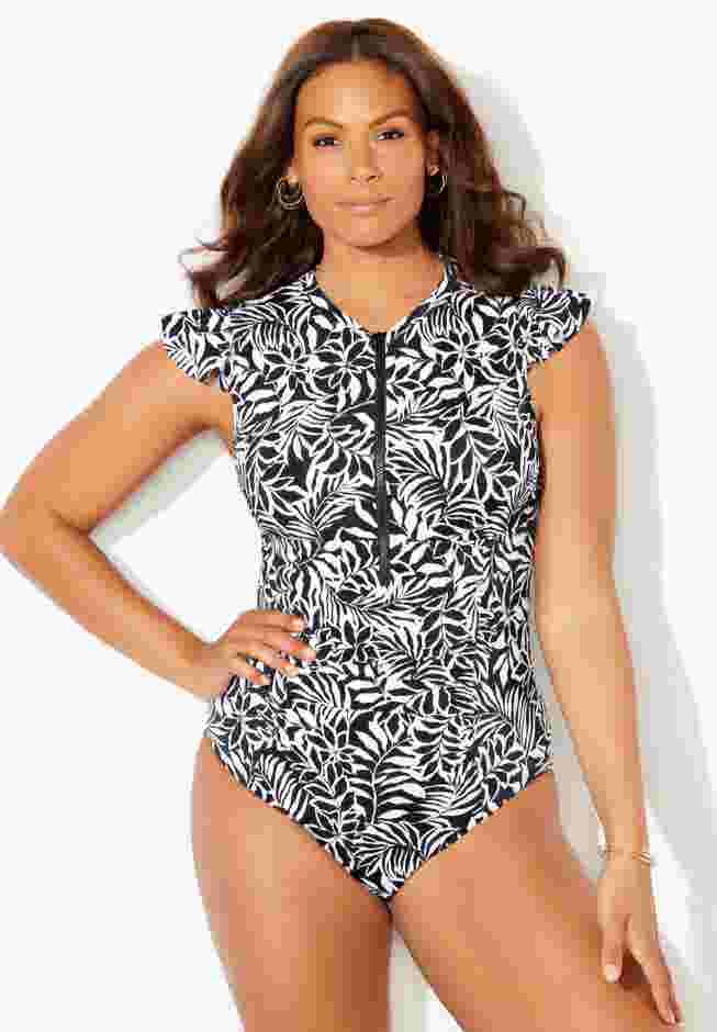 High Neck Zipper Cap Sleeve One Piece Swimsuit image number 3