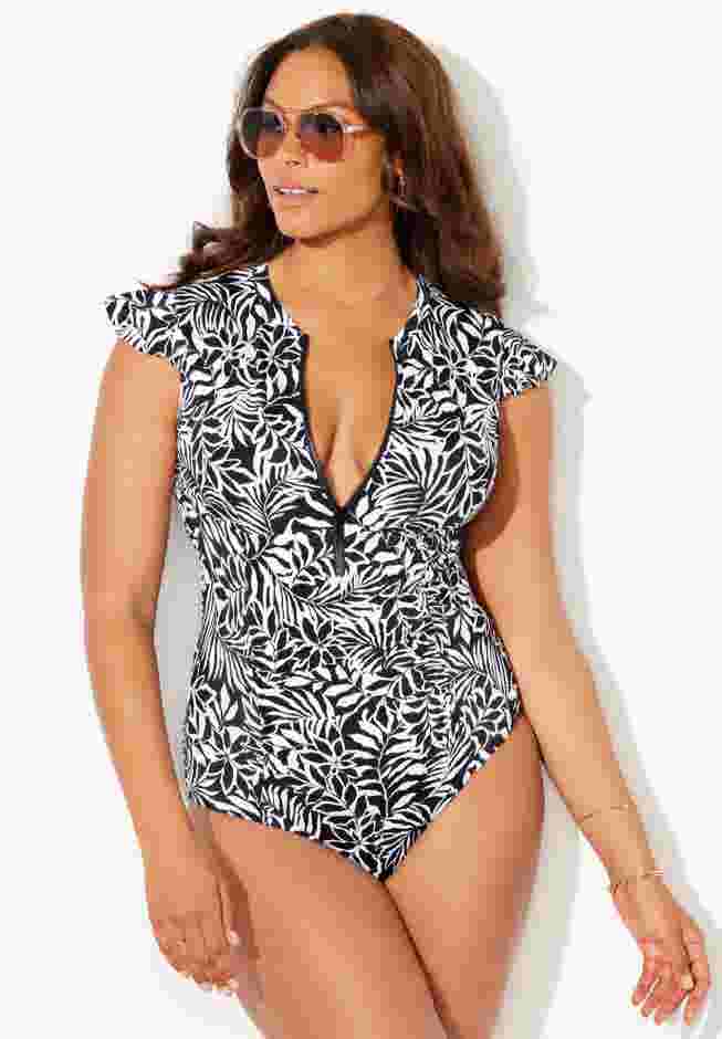 High Neck Zipper Cap Sleeve One Piece Swimsuit image number 4