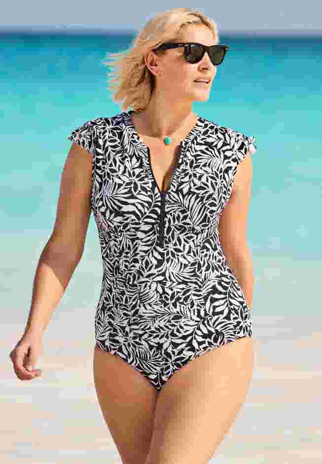 High Neck Zipper Cap Sleeve One Piece Swimsuit image number 0