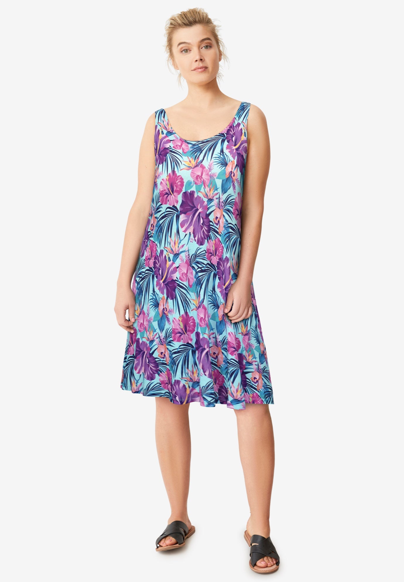 Stretch Jersey Knit A-Line Crossover Back Tank Short Dress image number 0