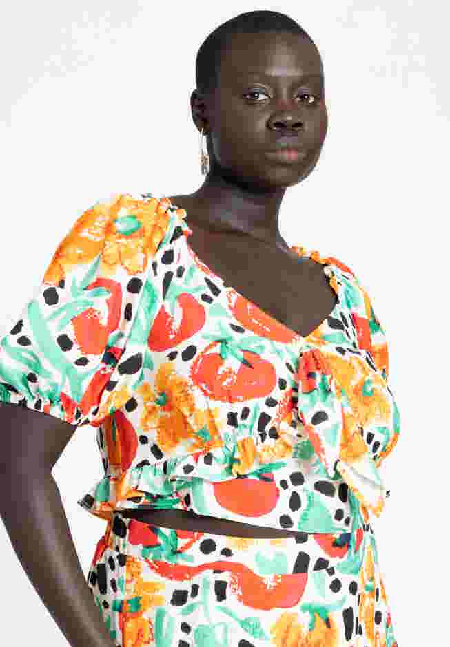 Printed Ruffle Tie Peasant Top image number 1