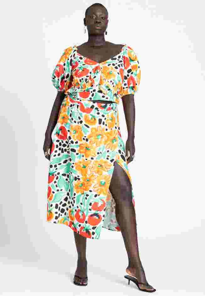 Printed Ruffle Tie Peasant Top image number 3
