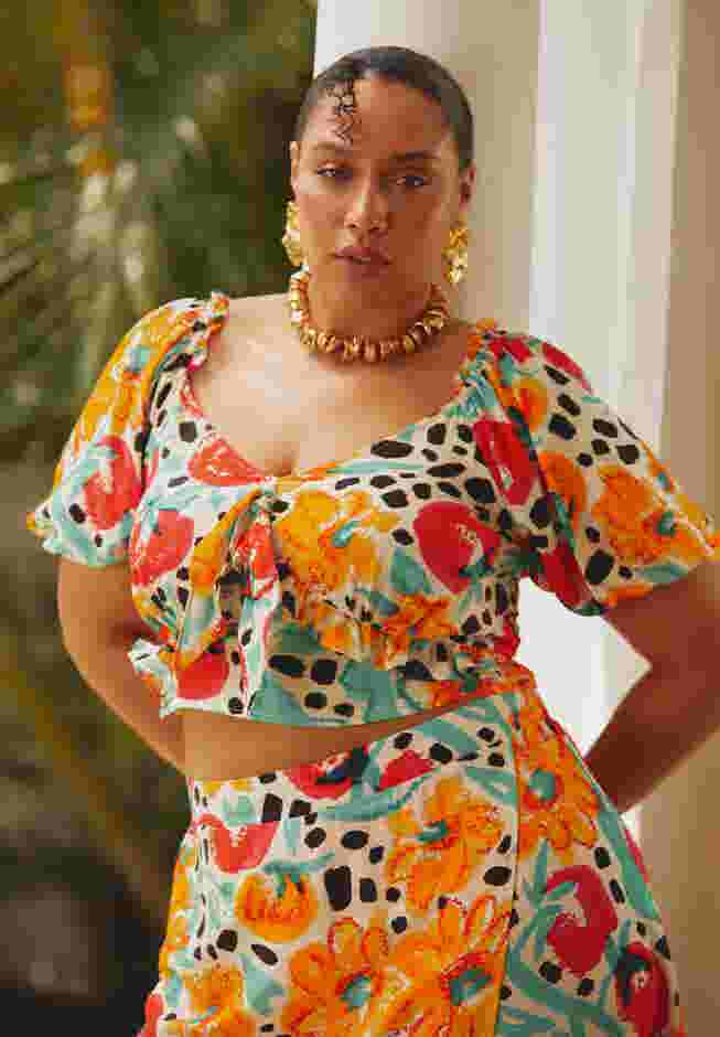 Printed Ruffle Tie Peasant Top image number 0