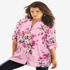 Plus Size Floral Y-Neck Pintuck Tunic &ndash; Adjustable Long Sleeve Button-Front, Relaxed Shirt Style image number null