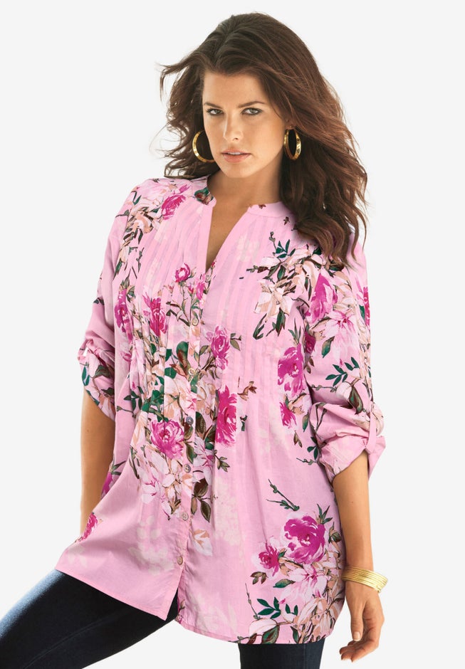Plus Size Floral Y-Neck Pintuck Tunic &ndash; Adjustable Long Sleeve Button-Front, Relaxed Shirt Style image number 4
