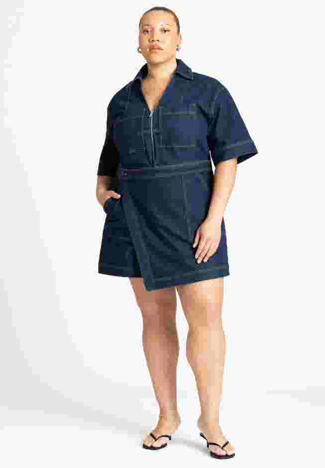Denim Collared Wrap Romper image number 0
