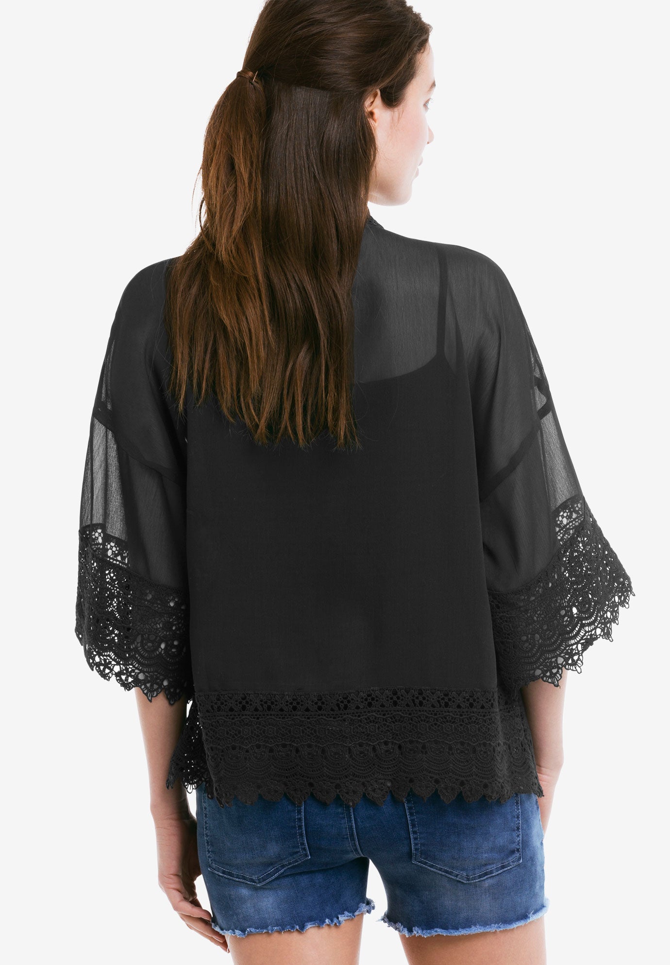 Sheer Lace Trim Kimono Cardigan image number 1