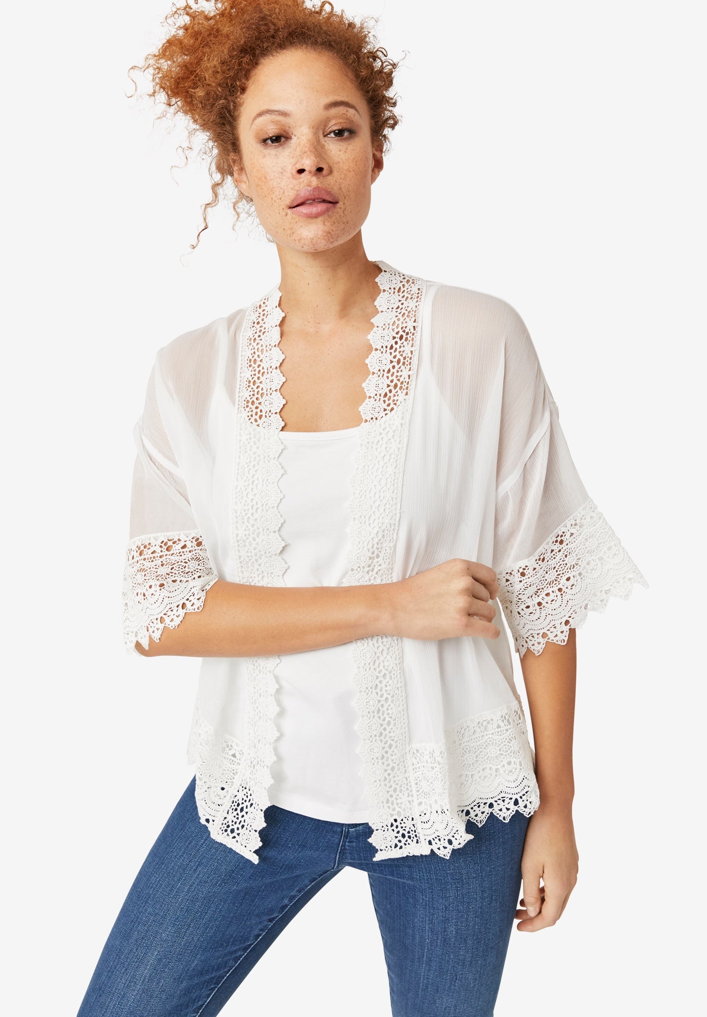 Sheer Lace Trim Kimono Cardigan image number 0