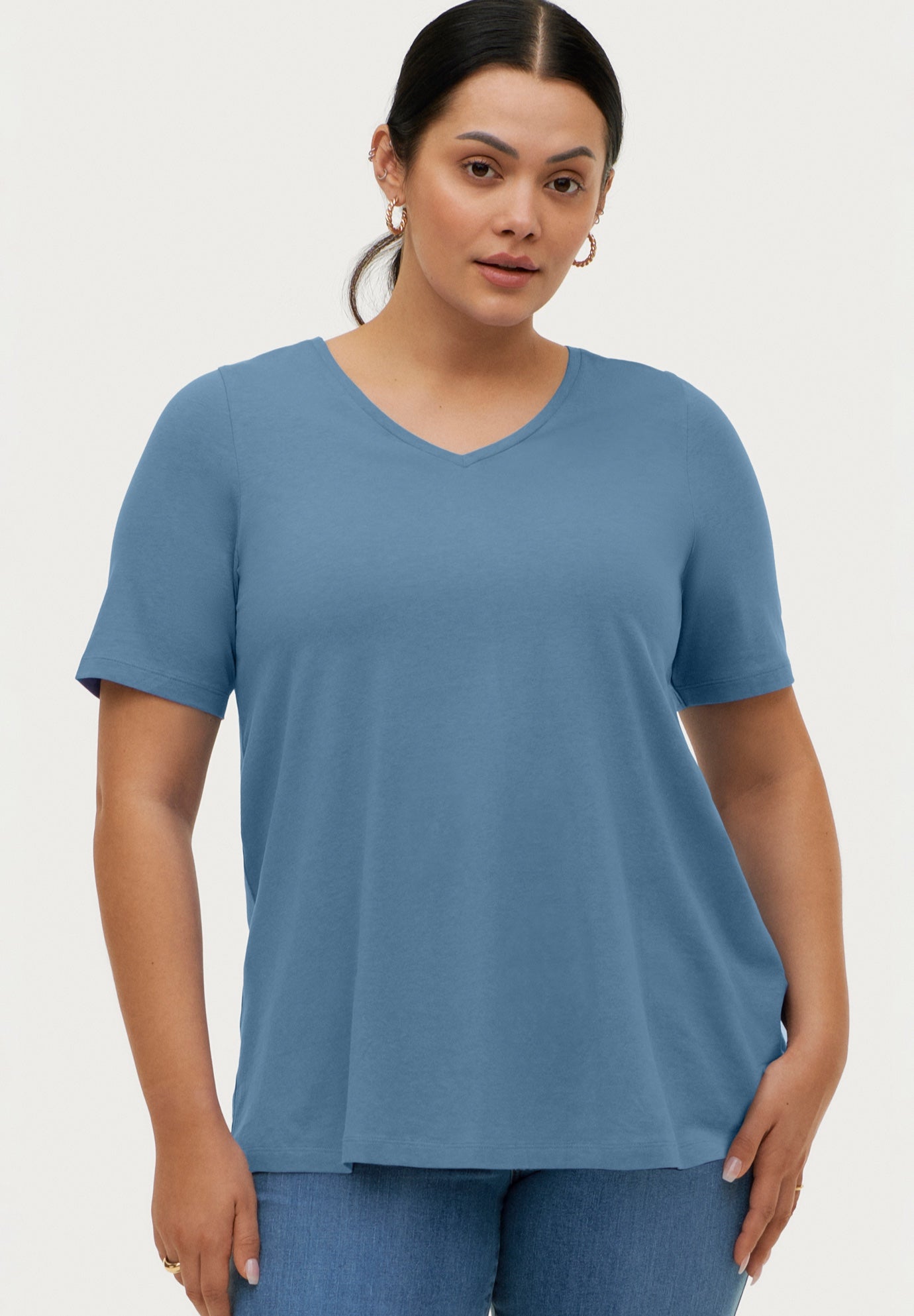 Stretch Jersey Knit A-Line Relaxed V-Neck Short Sleeve Tunic image number 0