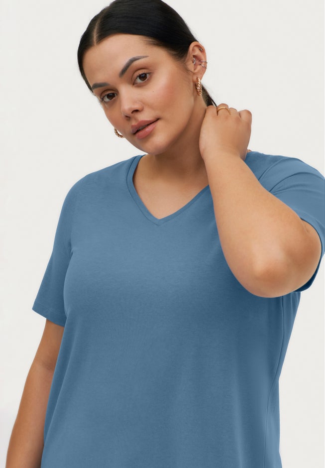 Stretch Jersey Knit A-Line Relaxed V-Neck Short Sleeve Tunic image number 1