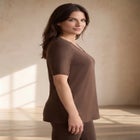 Stretch Jersey Knit A-Line Relaxed V-Neck Short Sleeve Tunic image number null