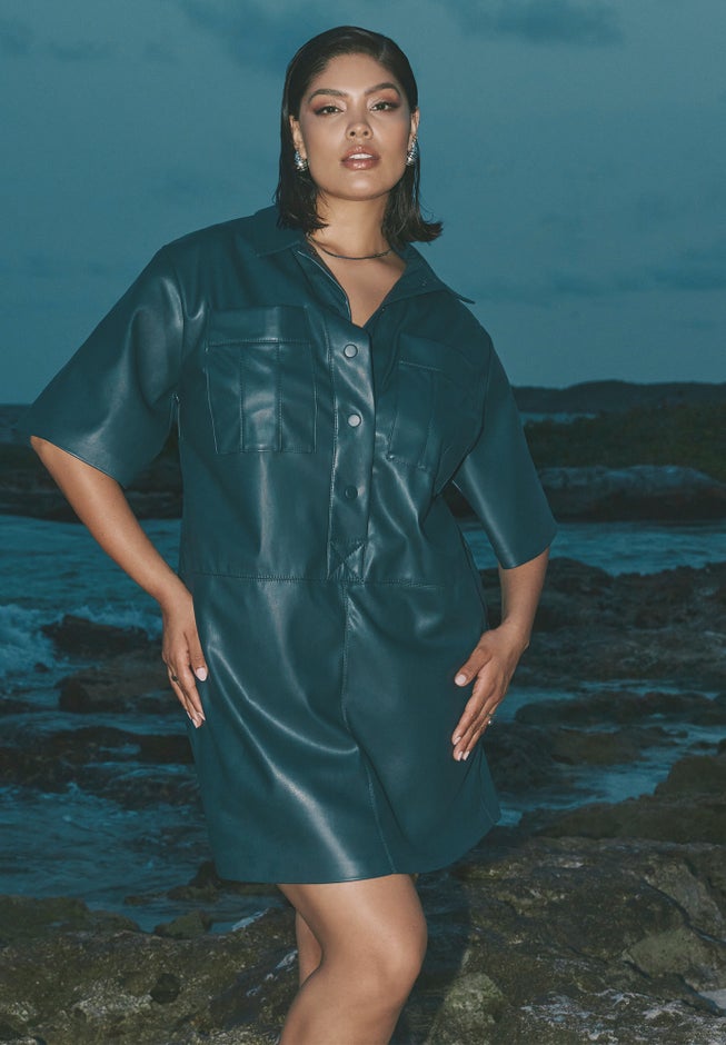 Boxy Faux Leather Shirt Dress image number null