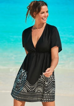 beach dress cover up plus size Floral Printed Blue Polyester Cover Up For Plus Size Women