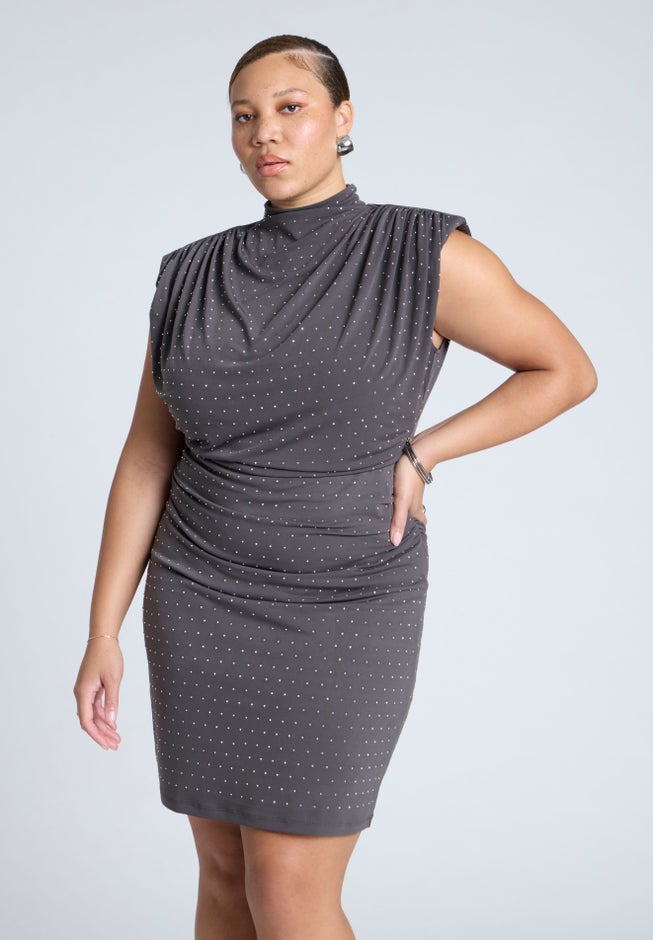 Draped Neck Rhinestone Mini Dress image number null