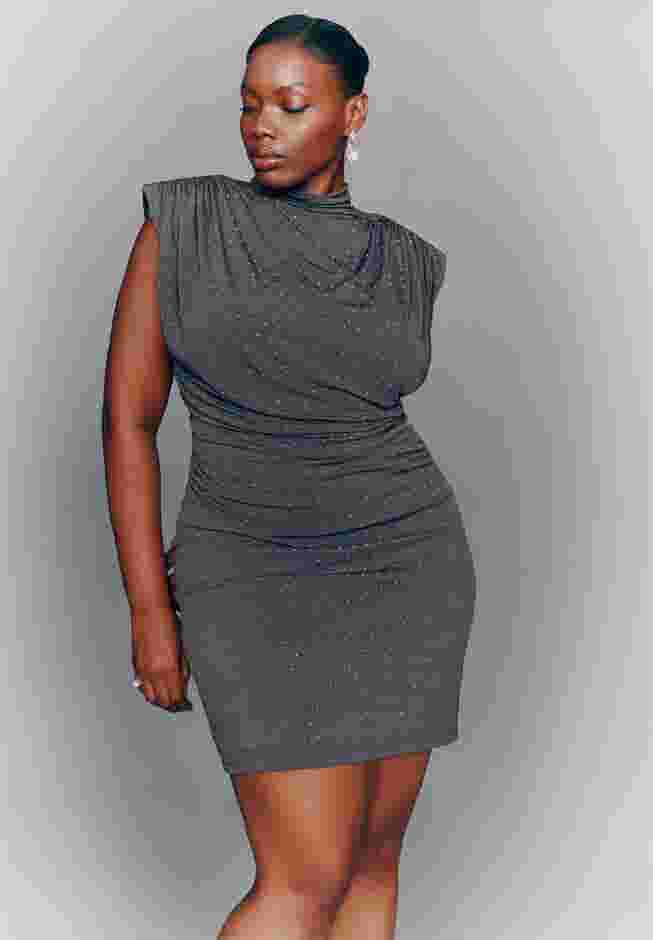 Draped Neck Rhinestone Mini Dress image number 0
