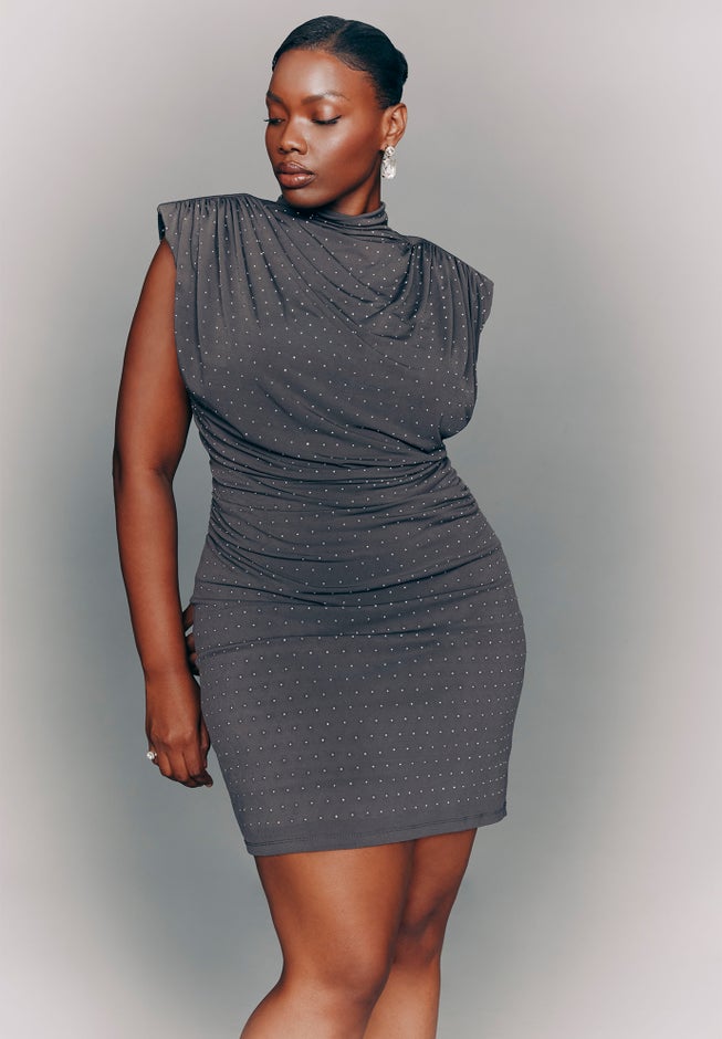 Draped Neck Rhinestone Mini Dress image number null