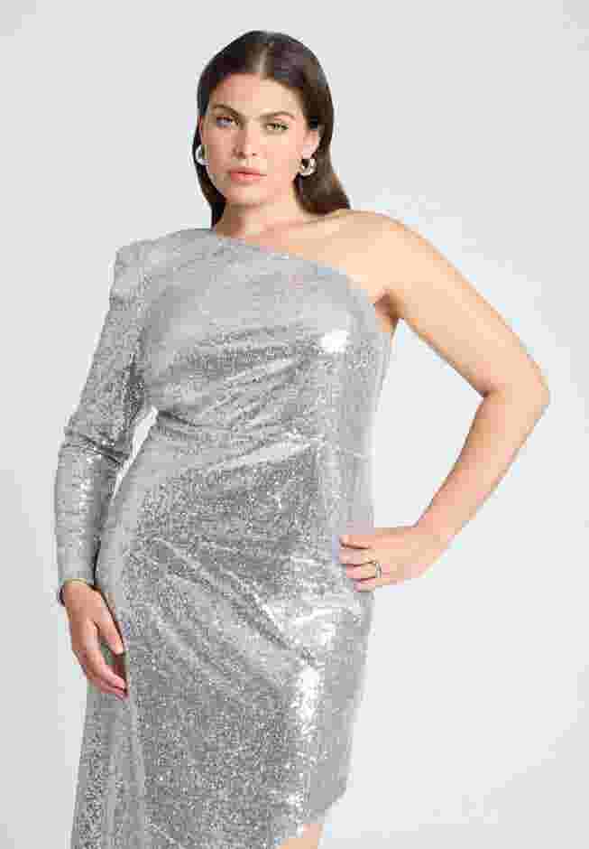 Strong Shoulder Sequin Dress With Slit image number 2